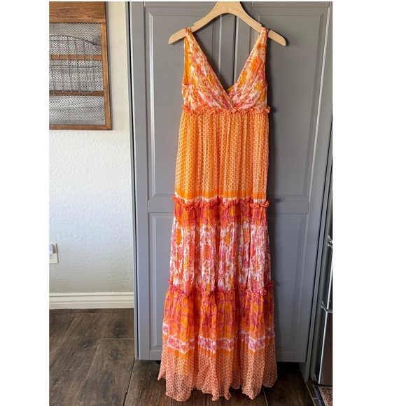 Naeem Khan Timeless Bohemian Floral Silk V-Neck Tiered Maxi DressOrange Pink 2